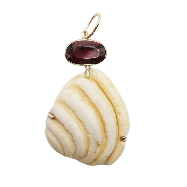 White Ribbed Shell with Rubellite Tourmaline Pendant