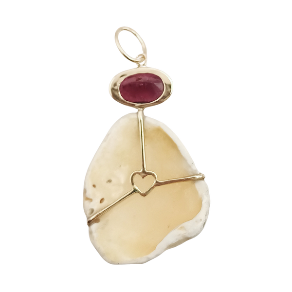 White Ribbed Shell with Rubellite Tourmaline Pendant