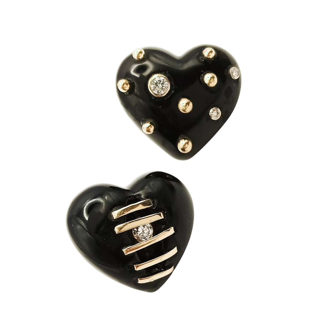 Carved Stone Studded+Stitched Heart Earrings