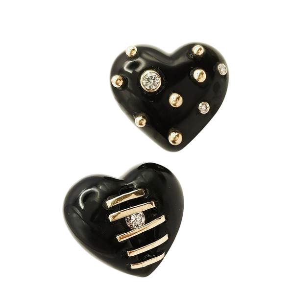 Carved Stone Studded+Stitched Heart Earrings