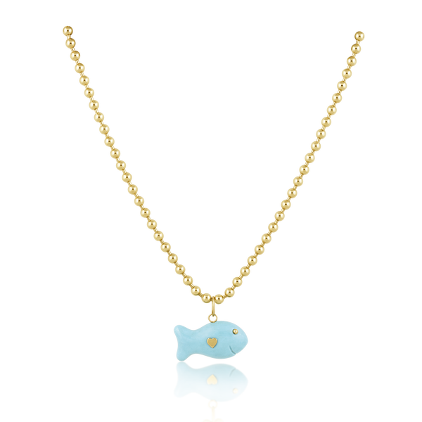Carved Stone Gold Fish Pendant (gold ball eyes)