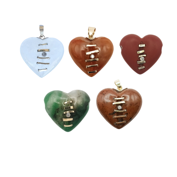 Carved Stone Stitched Heart Pendants