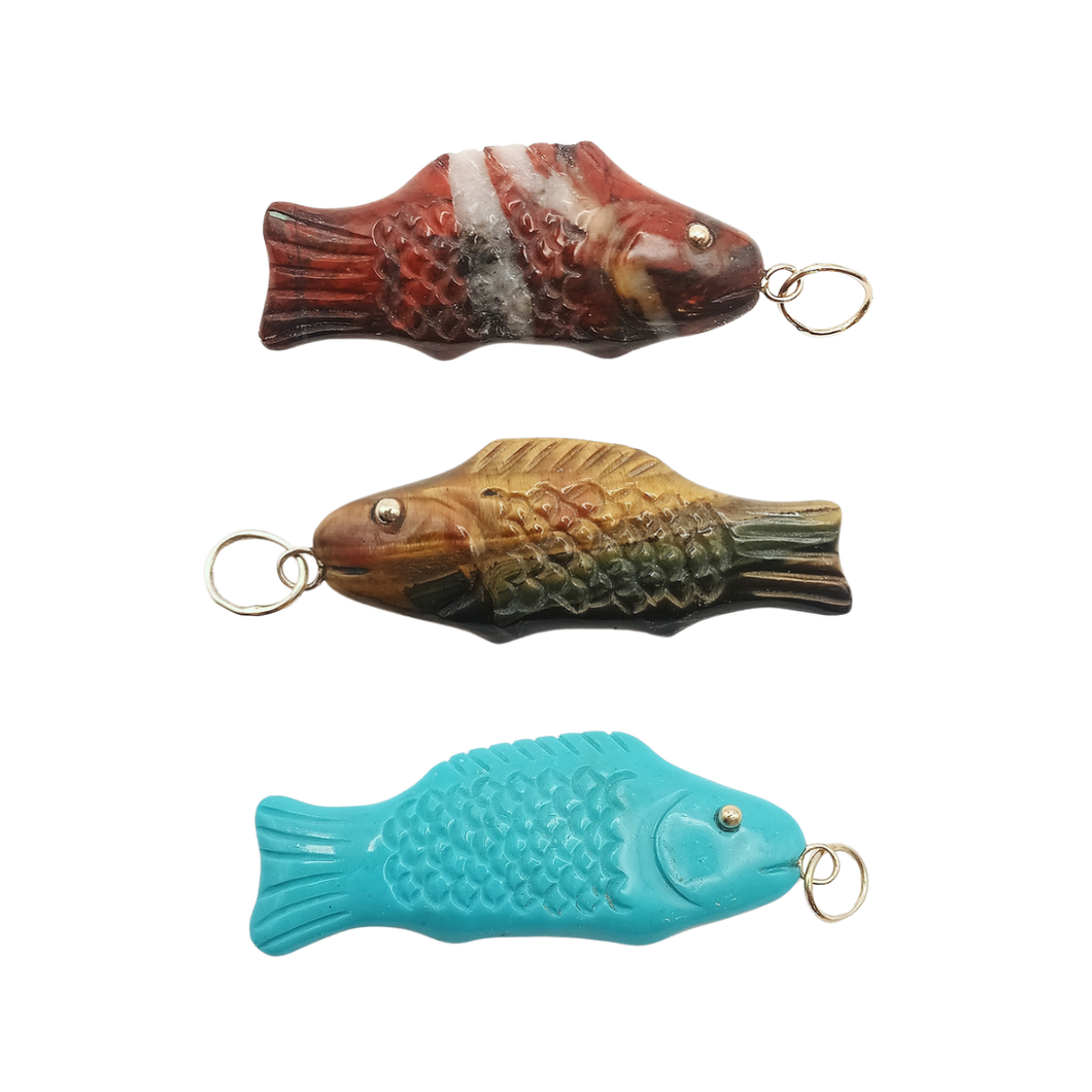Carved Stone Swedish Fish Pendant (gold ball eyes)