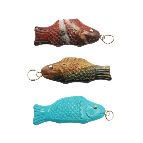Carved Stone Swedish Fish Pendant (gold ball eyes)