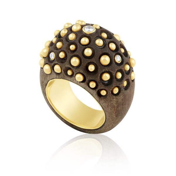 Walnut Ring with Diamonds and Gold