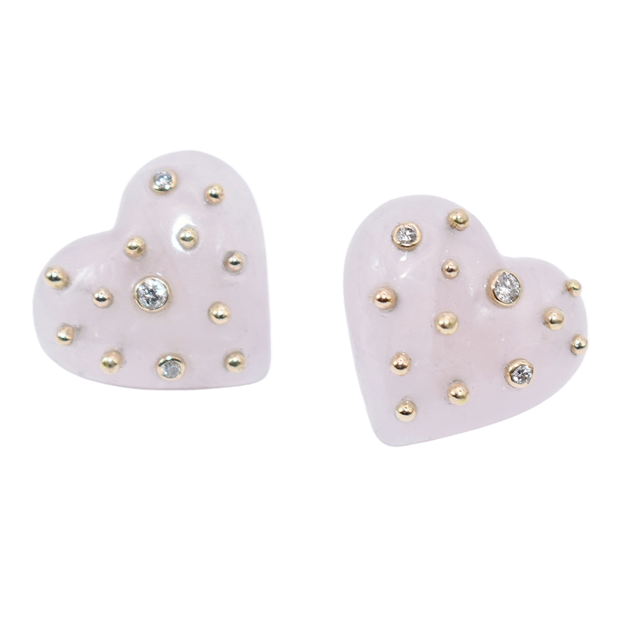 Carved Rose Quartz Studded Heart Earrings