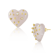Load image into Gallery viewer, Carved Rose Quartz Studded Heart Earrings

