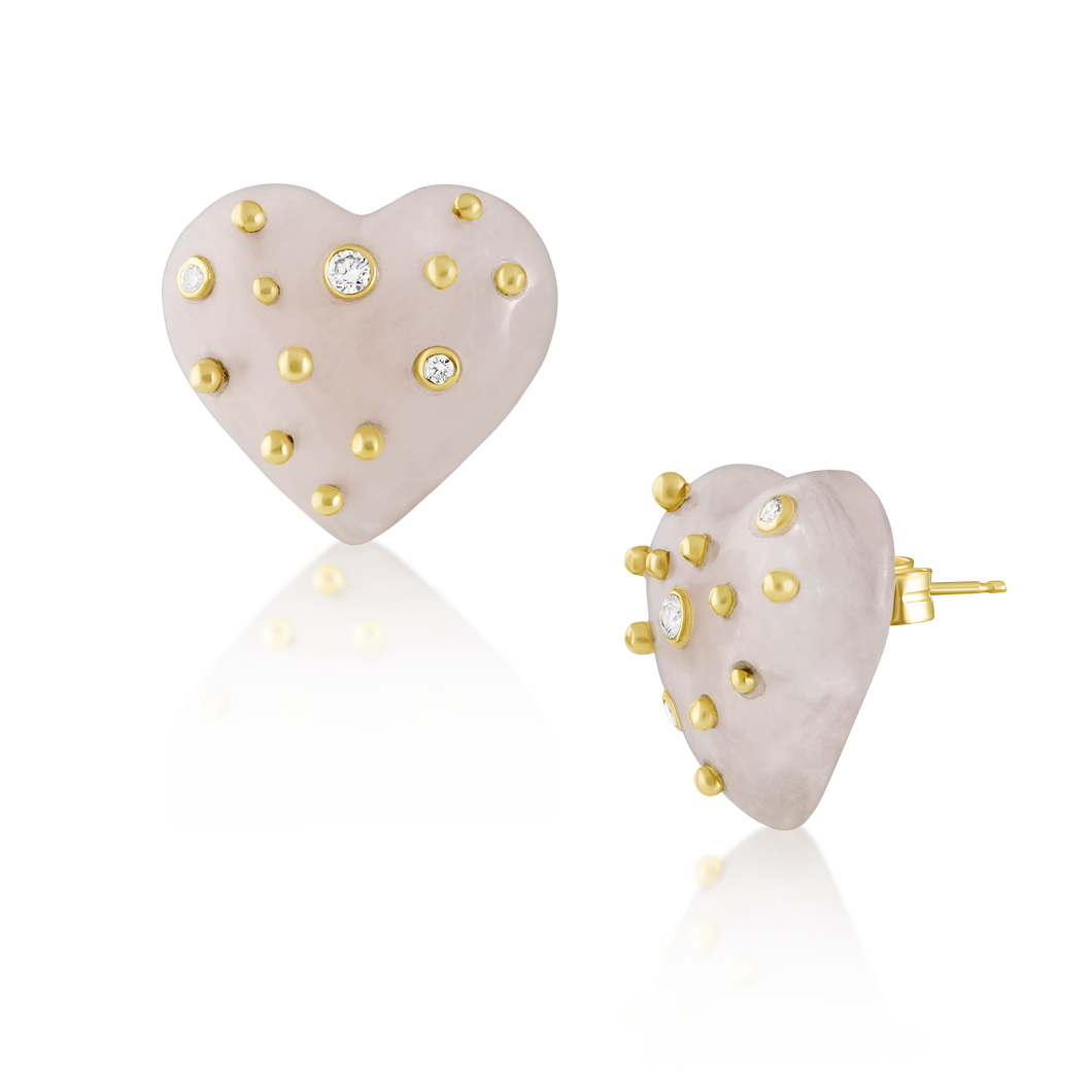 Carved Rose Quartz Studded Heart Earrings