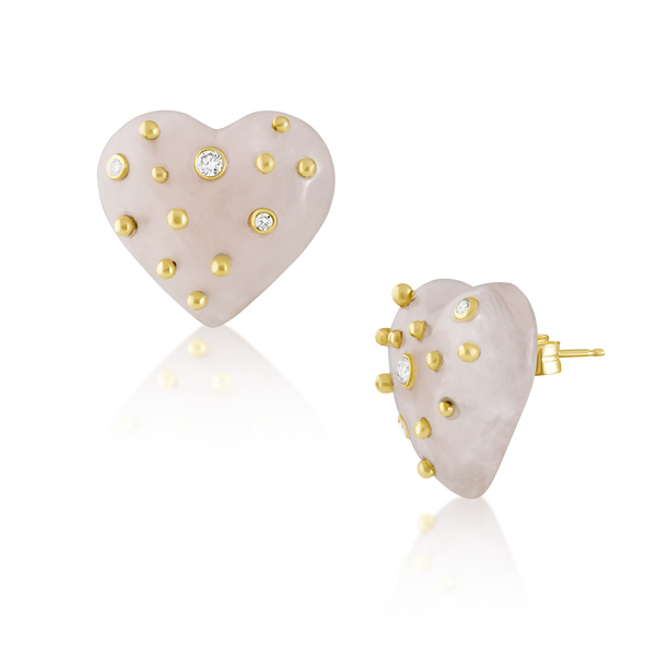 Carved Rose Quartz Studded Heart Earrings