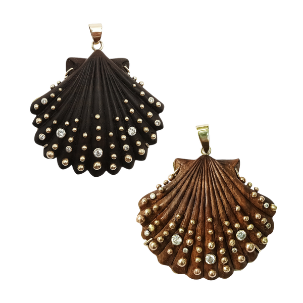 Carved Scallop Shell with Diamonds + Gold