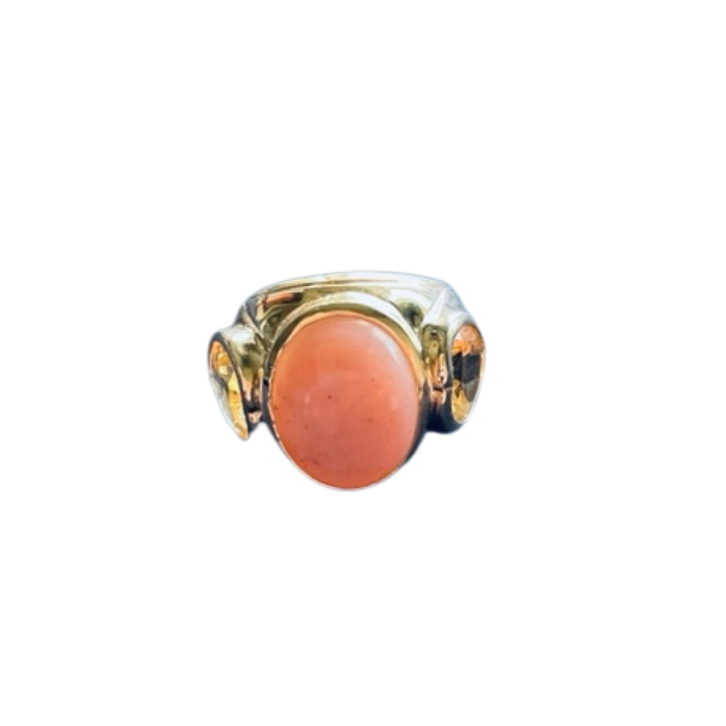 Pink Opal Cabochon with Citrine Hearts Ring